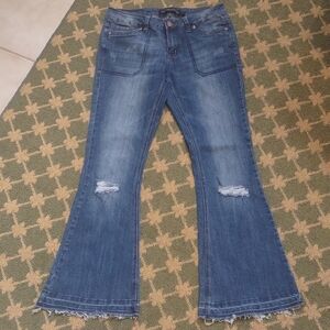 *TwentyOne Black* Raw Hem Distressed Mid Rise Flare Stretch 5 Pocket Jeans SZ 6